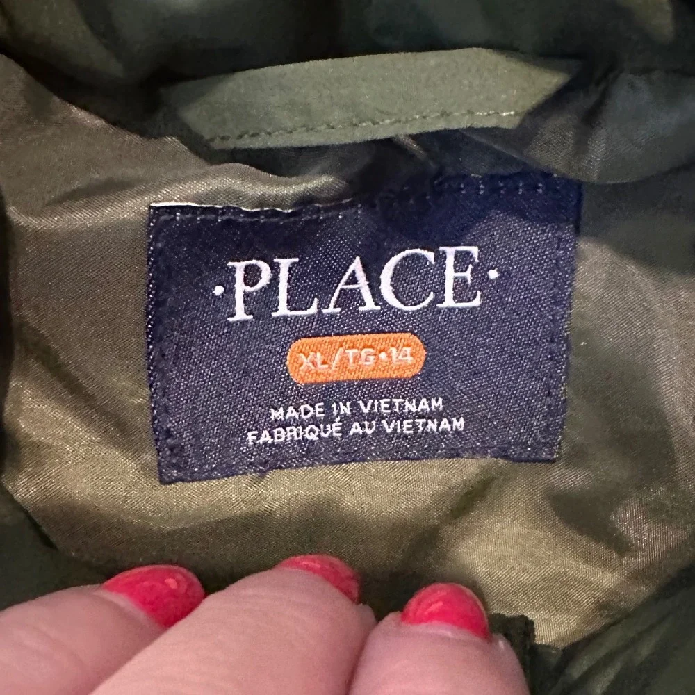 Children's Place Puffer Olive Green Full Zip‎ Lightweight Coat Outerwear XL 14